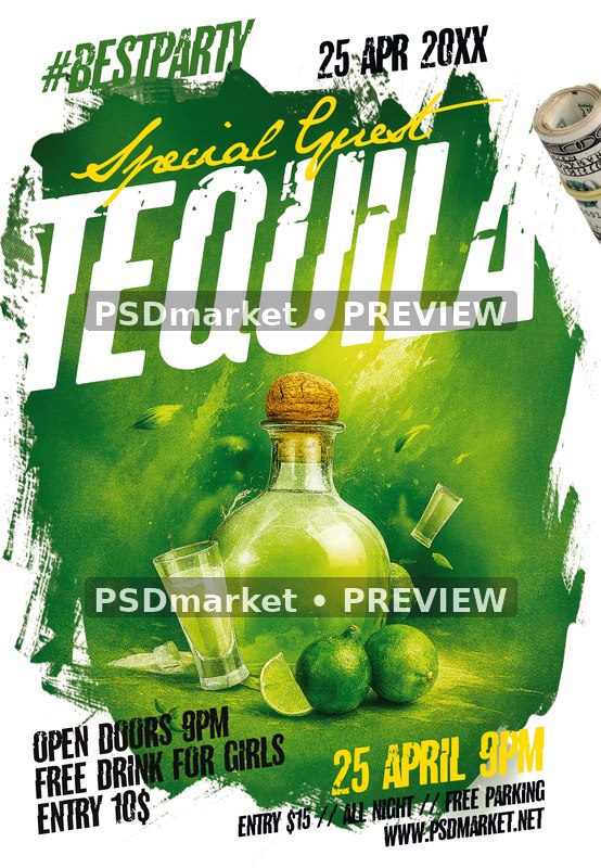 Brush Border Tequila Party Flyer PSD Template — PSD template preview