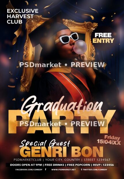 Bubblegum Graduate Graduation Party Flyer PSD Template — PSD template preview