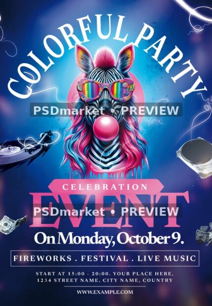 Bubblegum Zebra Colorful Party Flyer — reduced watermarked source artwork preview