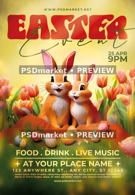 Bunny Pair Tulip Easter Event Flyer PSD Template — PSD template preview