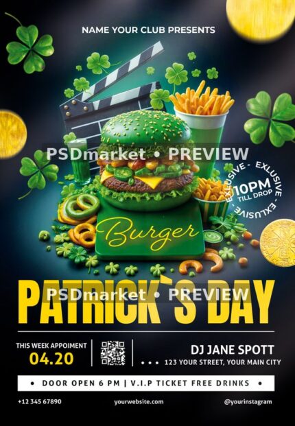 Burger Movie Night Patrick's Day Flyer PSD Template — PSD template preview