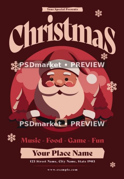 Burgundy Cartoon Santa Christmas Flyer PSD Template — reduced watermarked source artwork preview