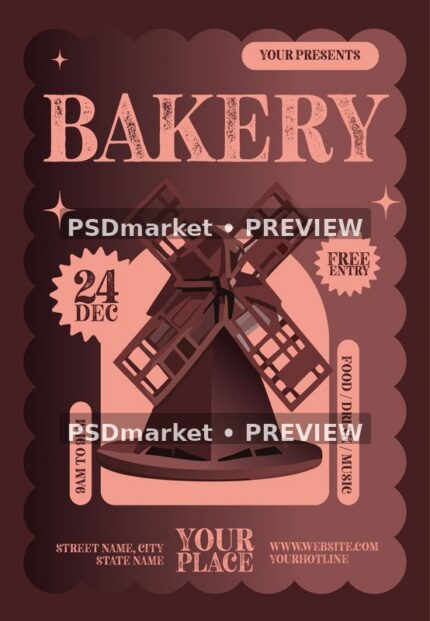 Burgundy Windmill Bakery Event Flyer PSD Template — PSD template preview