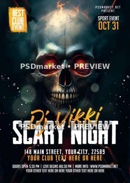 Burning Eyes Skull Scary Night Flyer PSD Template — reduced watermarked source artwork preview