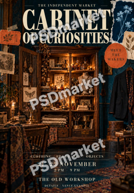 Cabinet of Curiosities vintage makers market flyer with antique cabinet and cream serif lettering