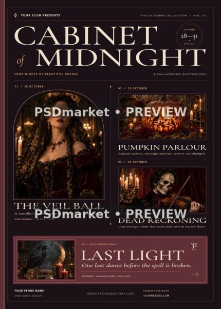 Cabinet of Midnight Halloween events flyer with masked portrait, pumpkins, violinist and raven still life; reduced watermarked PSD preview
