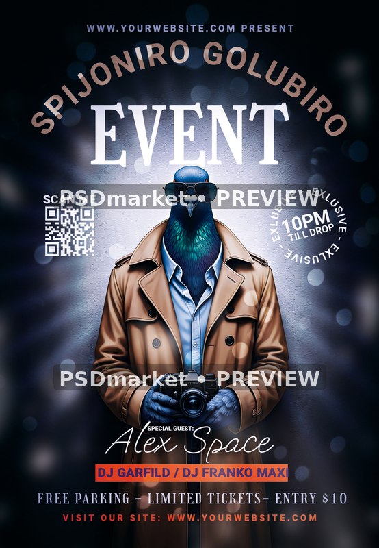 Camera Pigeon Spijoniro Golubiro Event Flyer PSD Template — PSD template preview