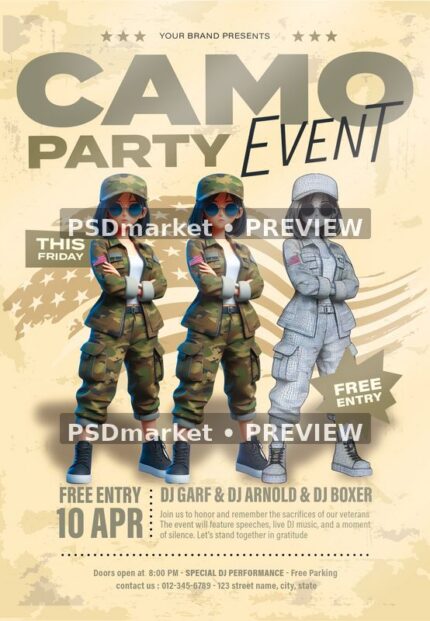 Cream and olive camo-party flyer with three stylized figures, large headline, flag brushwork and star accents.