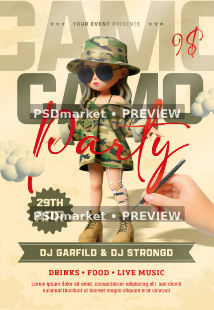 Camouflage Doll Camo Party Flyer PSD Template — PSD template preview