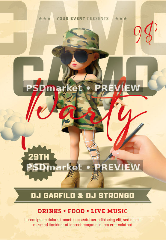 Camouflage Doll Camo Party Flyer PSD Template — PSD template preview
