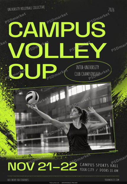 CAMPUS VOLLEY CUP neon green and black volleyball flyer, watermarked PSDmarket preview