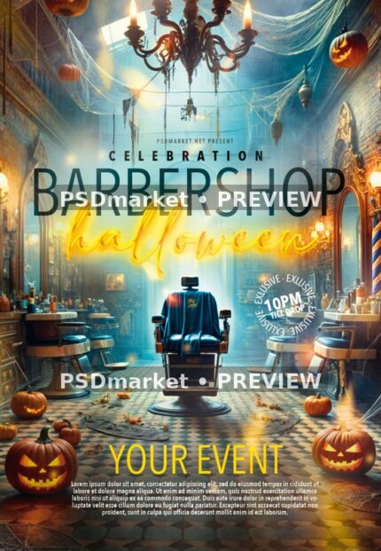 Candlelit Barbershop Halloween Celebration Flyer PSD Template — reduced watermarked source artwork preview