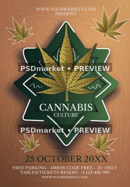 Brown and green Cannabis Culture flyer with central leaf badge, botanical details and preview watermarks