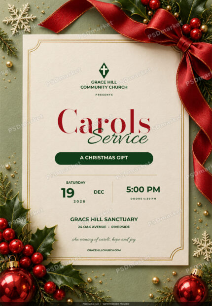 Watermarked Carols Service Grace Hill Christmas invitation with elegant serif and script text, ivory paper, gold frame, festive ribbon and holly.