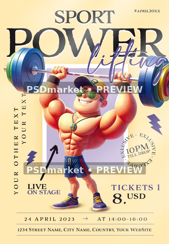 Cream strength-event flyer with cartoon athlete holding loaded barbell overhead, displayed with two horizontal preview watermarks