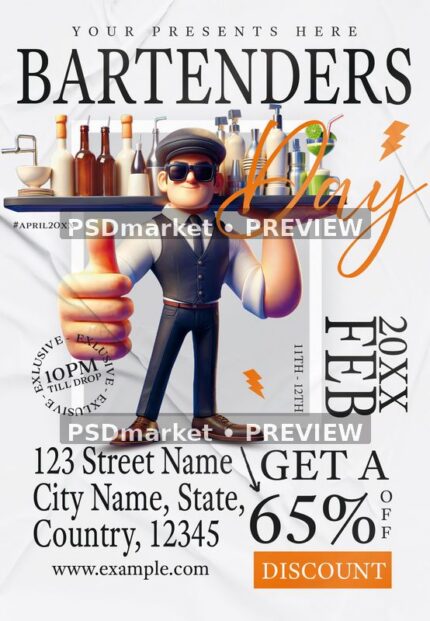 White bartender event flyer with cartoon server, bottles, orange script and black serif typography. Two horizontal PSDmarket preview watermarks.