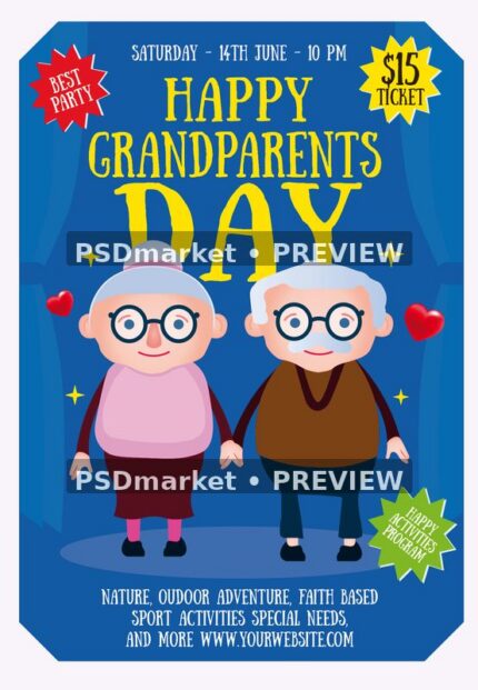 Cartoon Couple Grandparents Day Flyer PSD Template — PSD template preview