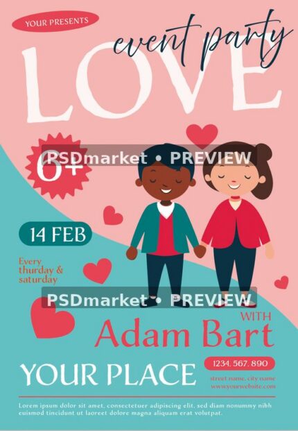 Pink and teal love party flyer with cartoon pair holding hands, hearts and a date badge. Two horizontal PSDmarket preview watermarks.