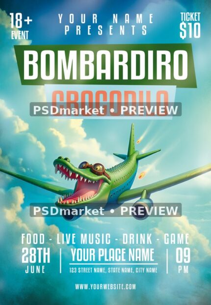 Cartoon Crocodile Jet Bombardiro Event Flyer — watermarked source artwork preview