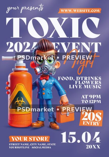 Cartoon Gas Mask Toxic Night Flyer PSD Template — PSD template preview