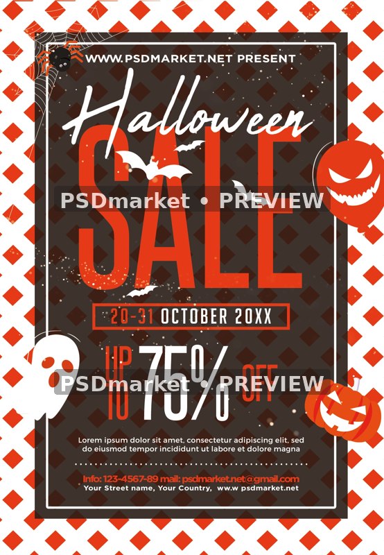 Cartoon Ghost and Pumpkin Halloween Sale Flyer PSD Template — PSD template preview