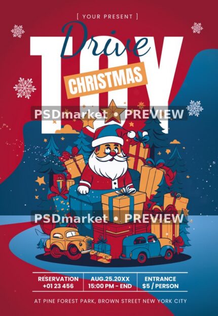 Cartoon Santa Christmas Toy Drive Flyer PSD Template — reduced watermarked source artwork preview