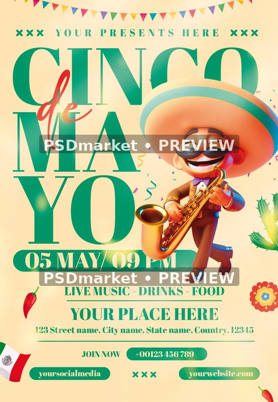 Cartoon Saxophonist Cinco de Mayo Flyer PSD Template — PSD template preview