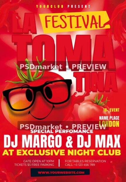 Cartoon Tomato La Tomatina Festival Flyer PSD Template — PSD template preview