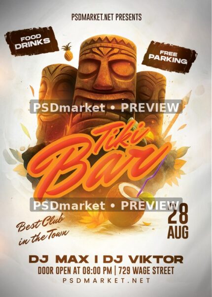Carved Tiki Bar Party Flyer — reduced watermarked preview of the supplied artwork