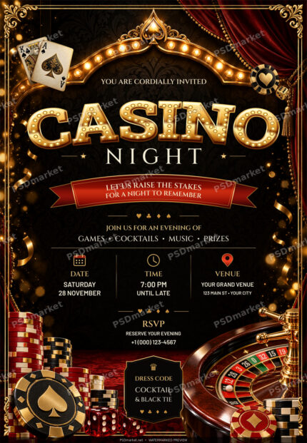 Watermarked preview of Casino Night Marquee PSD Flyer