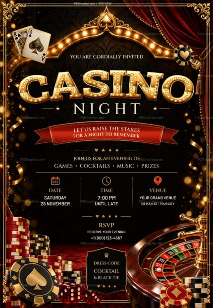 Protected preview of Casino Night Marquee PSD flyer with curved gold bulb lettering, red curtains, playing cards, roulette and editable event details.