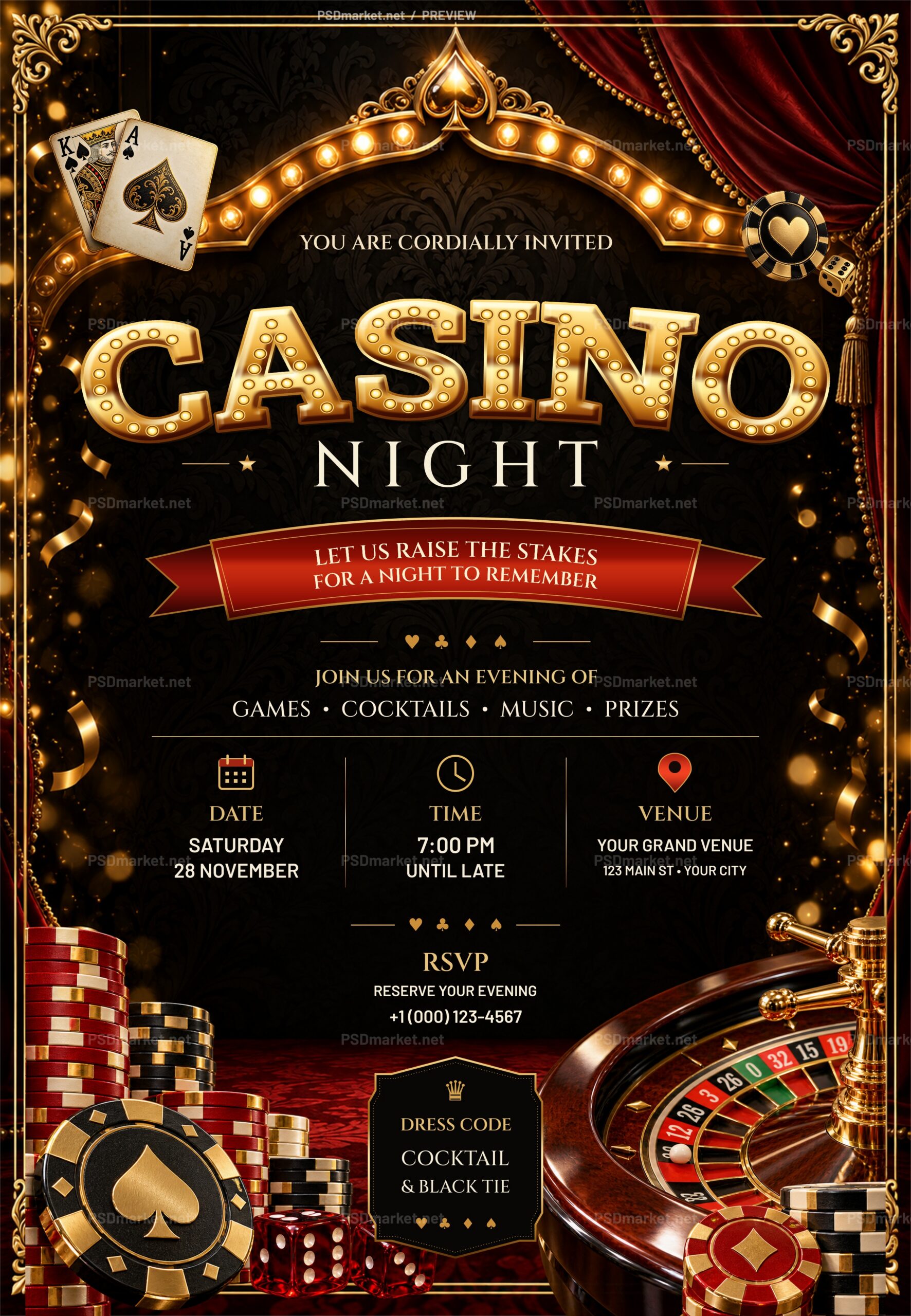 Protected preview of Casino Night Marquee PSD flyer with curved gold bulb lettering, red curtains, playing cards, roulette and editable event details.