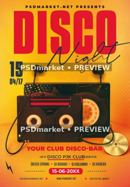 Cassette Character Disco Night Flyer PSD Template — PSD template preview