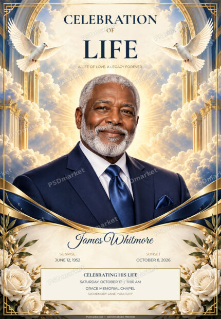 Celebration of Life — James Whitmore editable PSD flyer with PSDmarket preview watermark