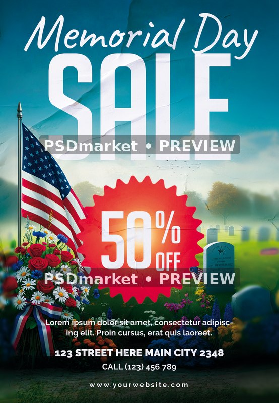 Cemetery Flowers Memorial Day Sale Flyer PSD Template — PSD template preview