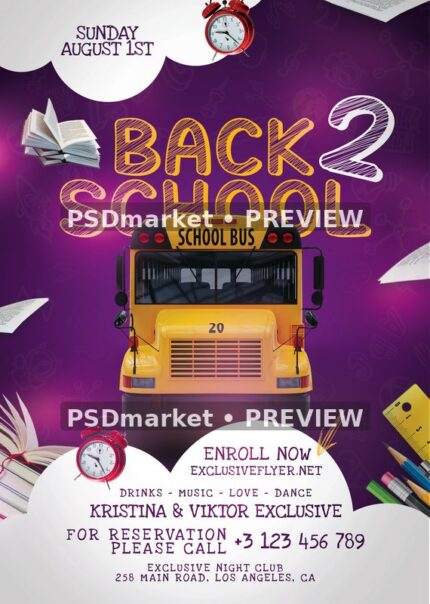 Chalk Lettering Back to School Bus Flyer PSD Template — PSD template preview