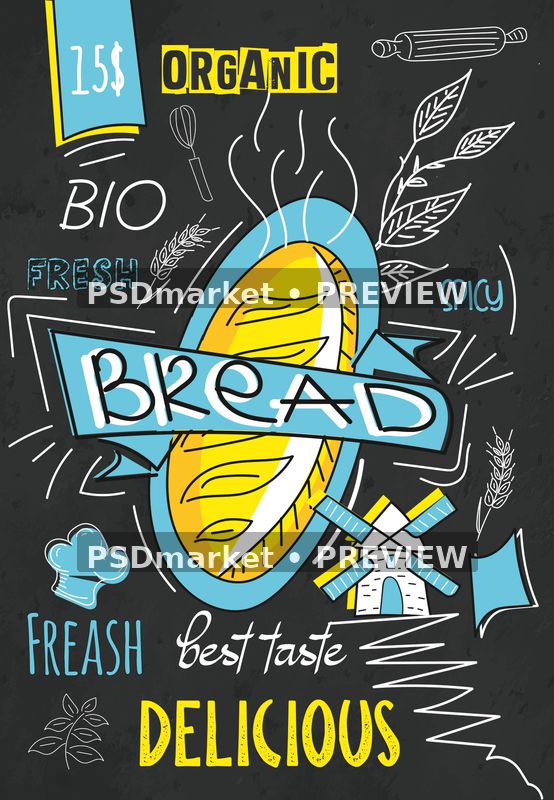 Chalkboard Artisan Bread Bakery Flyer PSD Template — PSD template preview