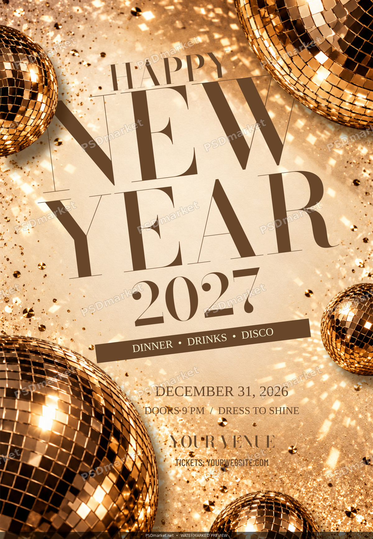 Champagne Disco 2027 Gold New Year PSD Flyer — PSD template preview