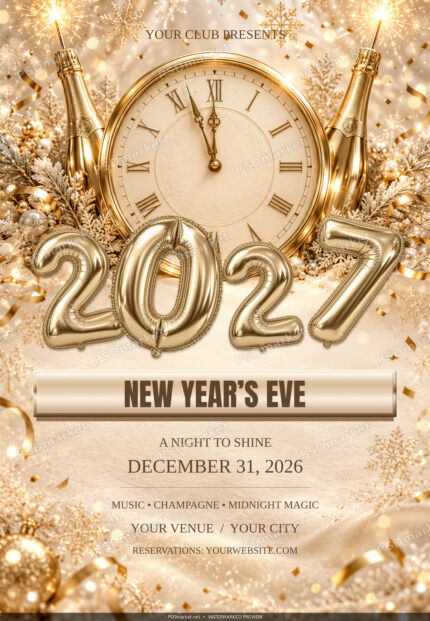 Champagne and ivory New Year 2027 flyer with a gold clock, champagne bottles, foil balloon numerals and elegant party typography.