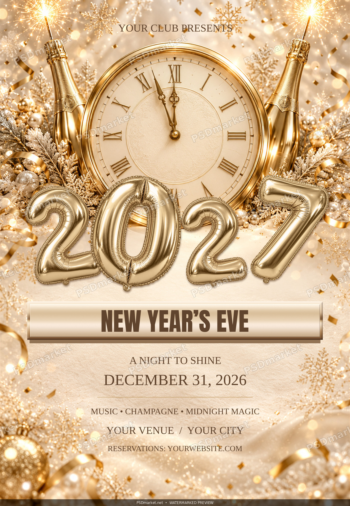 Champagne Wishes Gold Balloon New Year PSD Flyer — PSD template preview