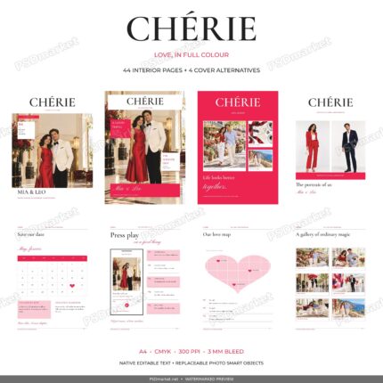 Protected overview of CHÉRIE cherry-red couple magazine with 44 interior pages and 4 alternative front covers