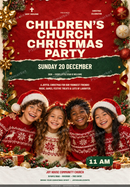 Watermarked children’s church Christmas party flyer with bold cream text, red-and-green torn paper, gold ribbons and four fictional children in holiday knitwear.