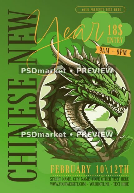 Chinese New Year Green Dragon Flyer PSD Template — PSD template preview