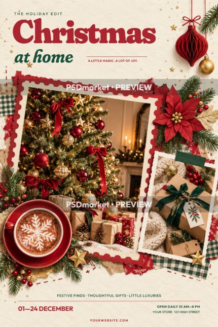 Christmas at Home scrapbook flyer in cream, red and green with a decorated tree, gifts, cocoa and two horizontal PSDmarket preview bands