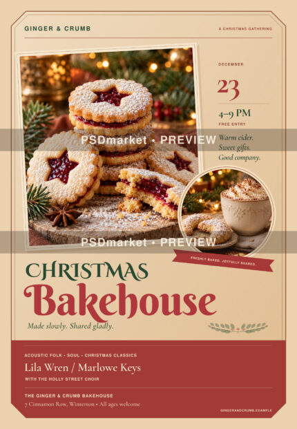 Cream and burgundy Christmas bakery flyer with Linzer biscuits and hot cocoa, protected by two PSDmarket preview bands