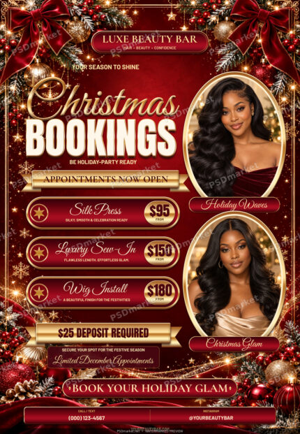 Watermarked preview of Christmas Beauty Bookings PSD Flyer