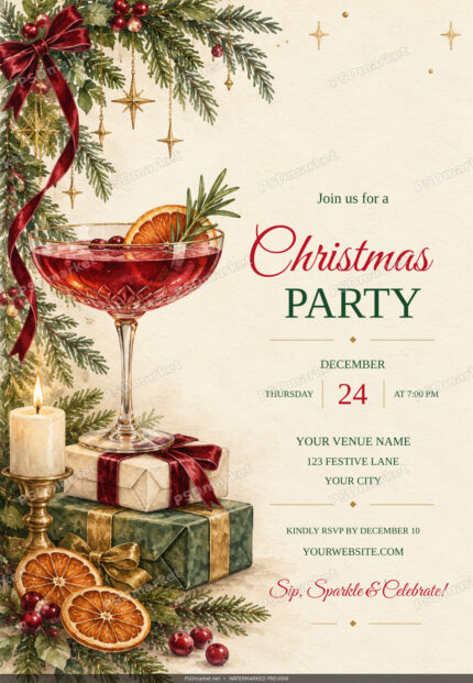 Christmas Cheers party invitation with cranberry cocktail coupe, citrus, candle, wrapped gifts and red-and-green editable lettering.