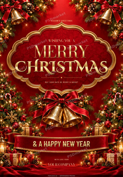 Christmas Chimes red and gold Christmas greeting PSD template protected preview