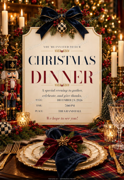 Christmas dinner invitation with a candlelit table, burgundy velvet and greenery around a cream panel with navy and burgundy serif text and botanical ornaments; watermarked preview