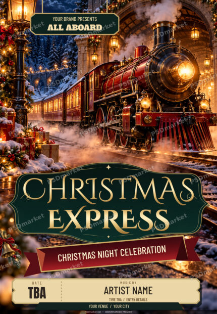 Christmas Express V2 flyer with a festive train, evergreen railway sign, champagne-gold serif title and brass bell. Protected PSDmarket preview.